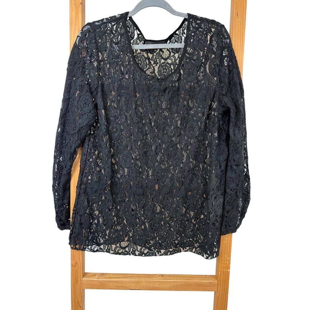 Vintage 90's Vandana Black Lace Scoop Neck Convertible Long Sleeve Top Size XL